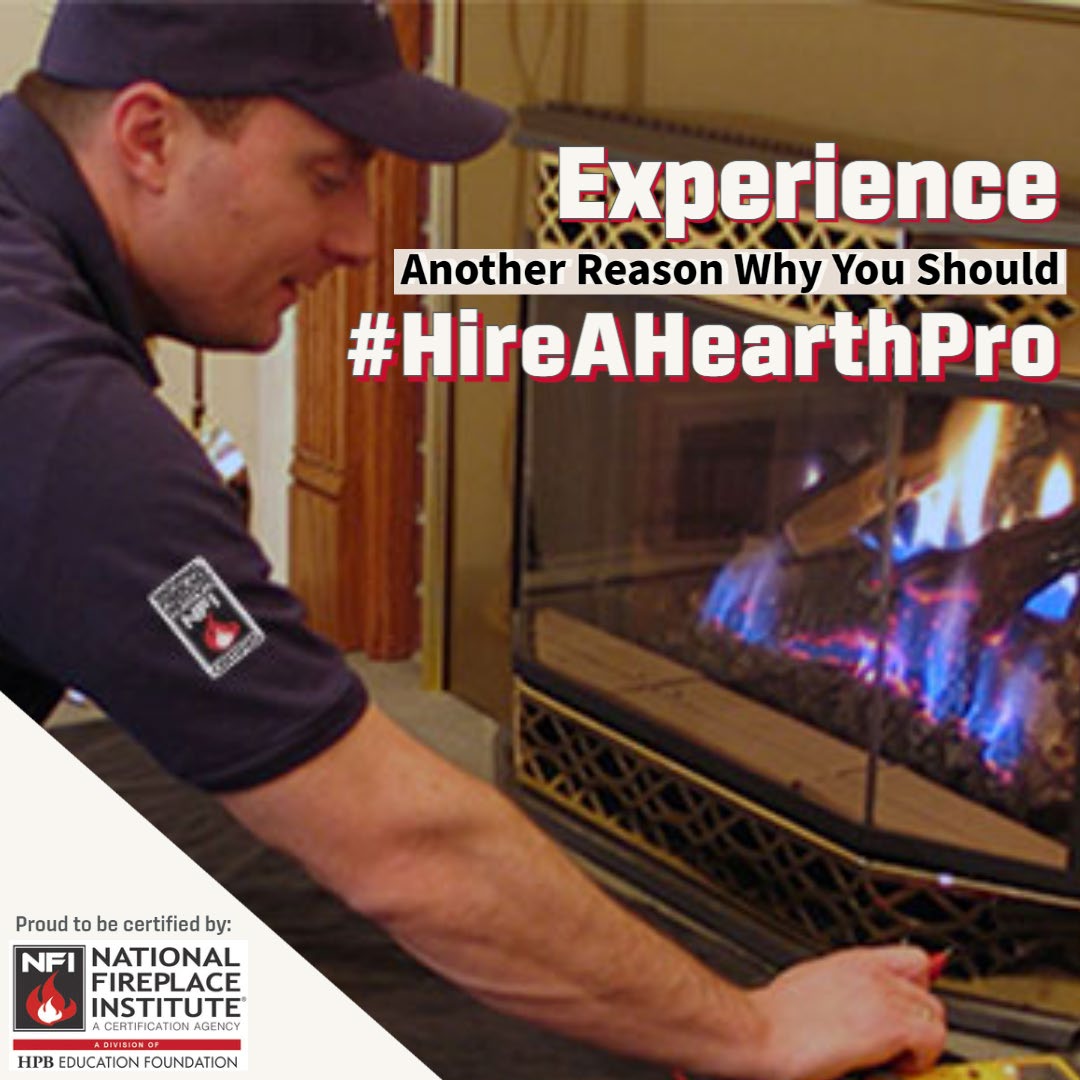 NFI Hire a Hearth Pro promotional artwork showing a technician servicing a fireplace